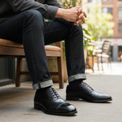 Men's Black Oxford Leather Dress Shoes - model-siting