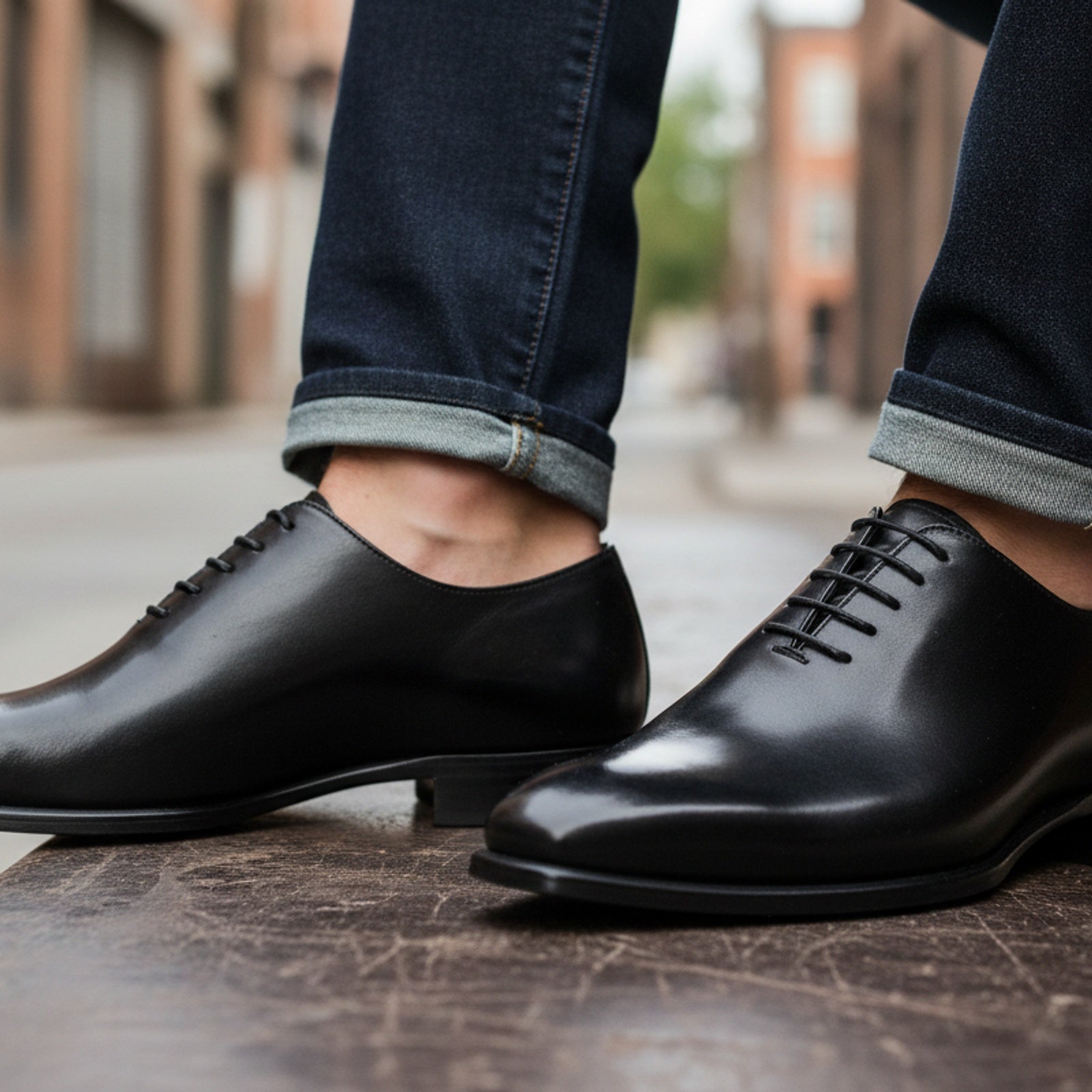 Men's Black Oxford Leather Dress Shoes - model-siting