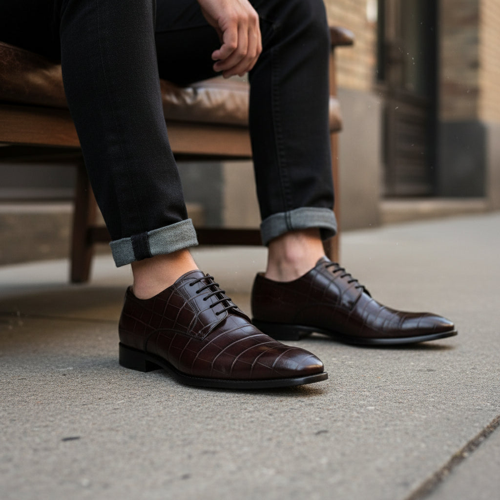 model-siting - Men's Black Oxford Leather Shoes | Crocodile Texture