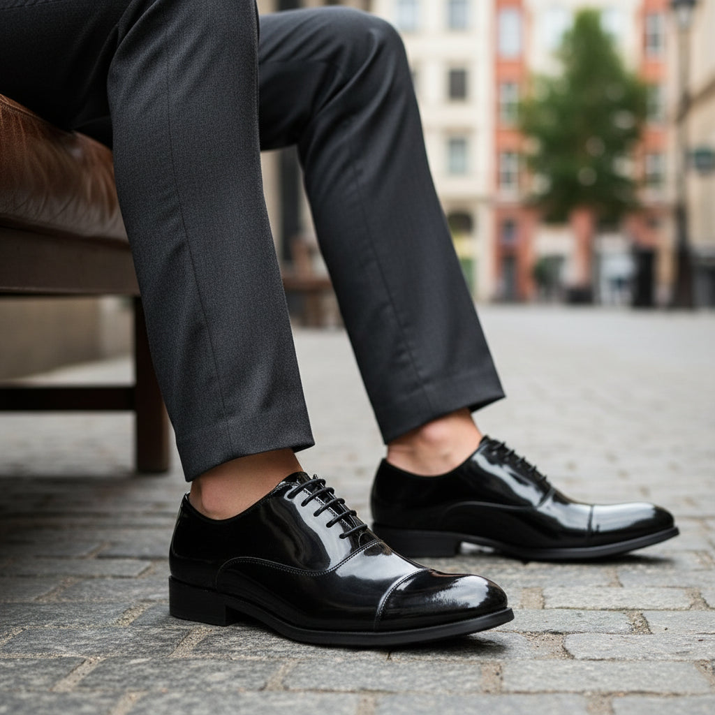 model-siting - Men's Black Patent Leather Formal Dress Shoes