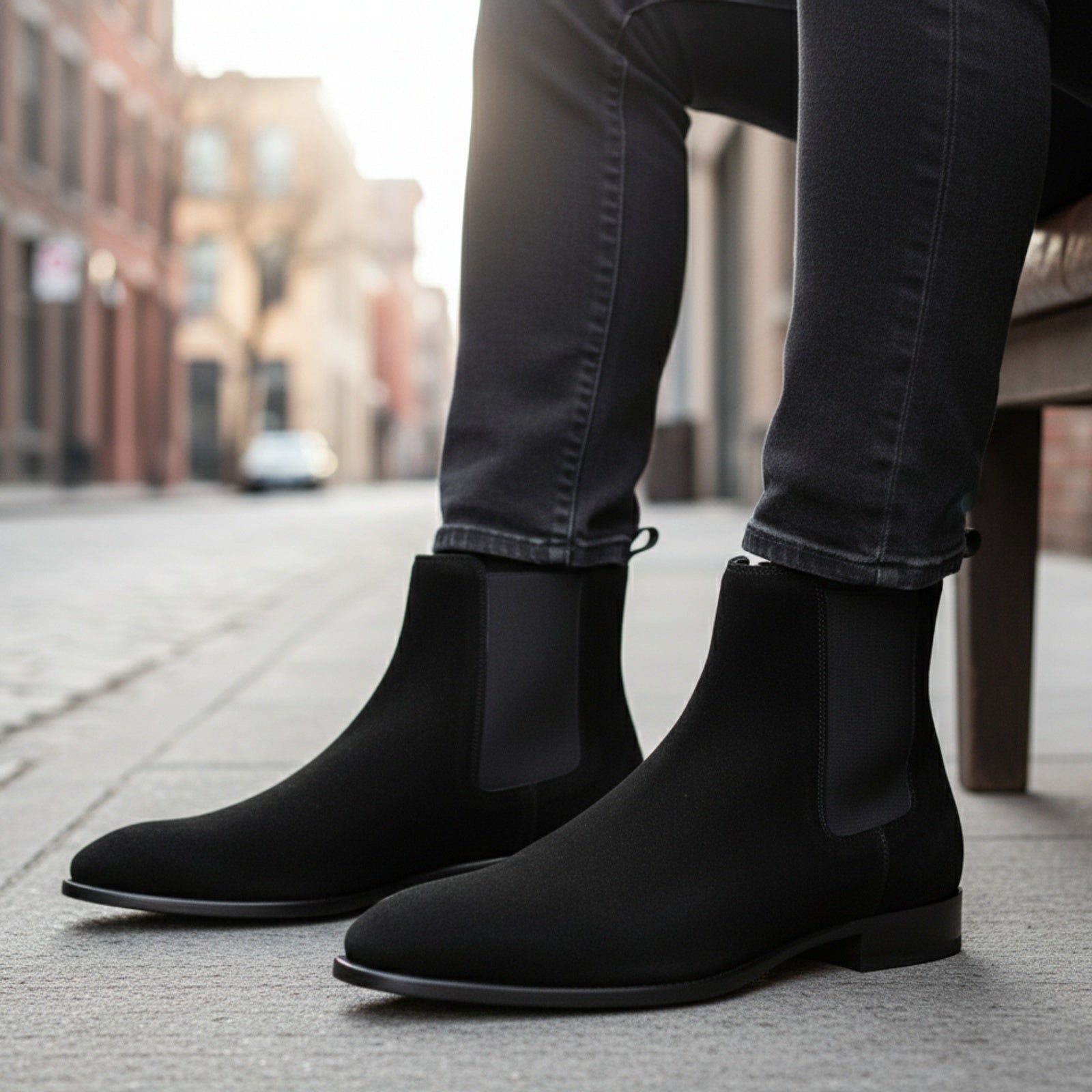 model-siting - Men's Black Suede Chelsea Ankle Boots