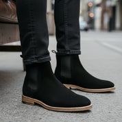 model-siting - Men's Black Suede Chelsea Boots