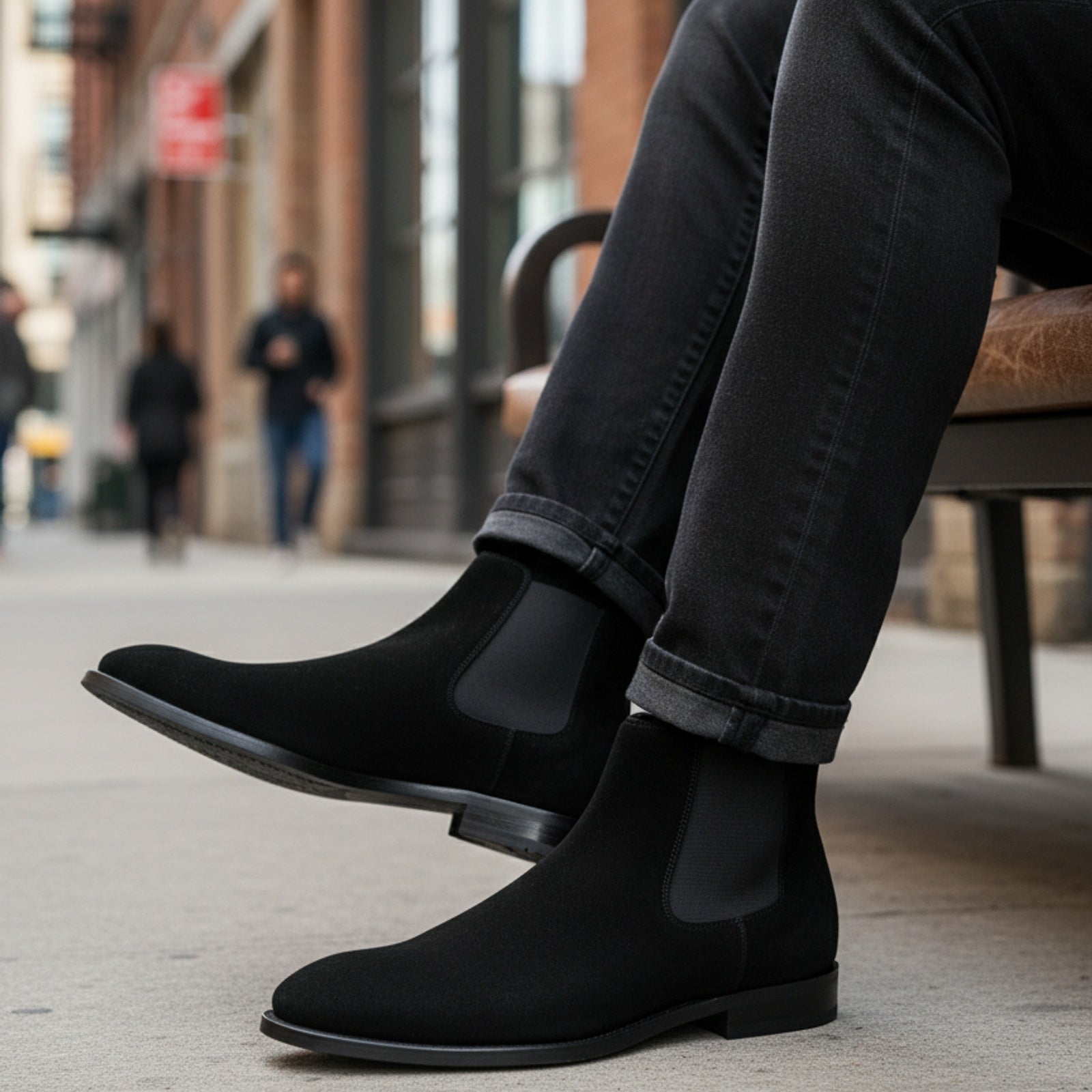 model-siting - Men's Black Suede Chelsea Boots