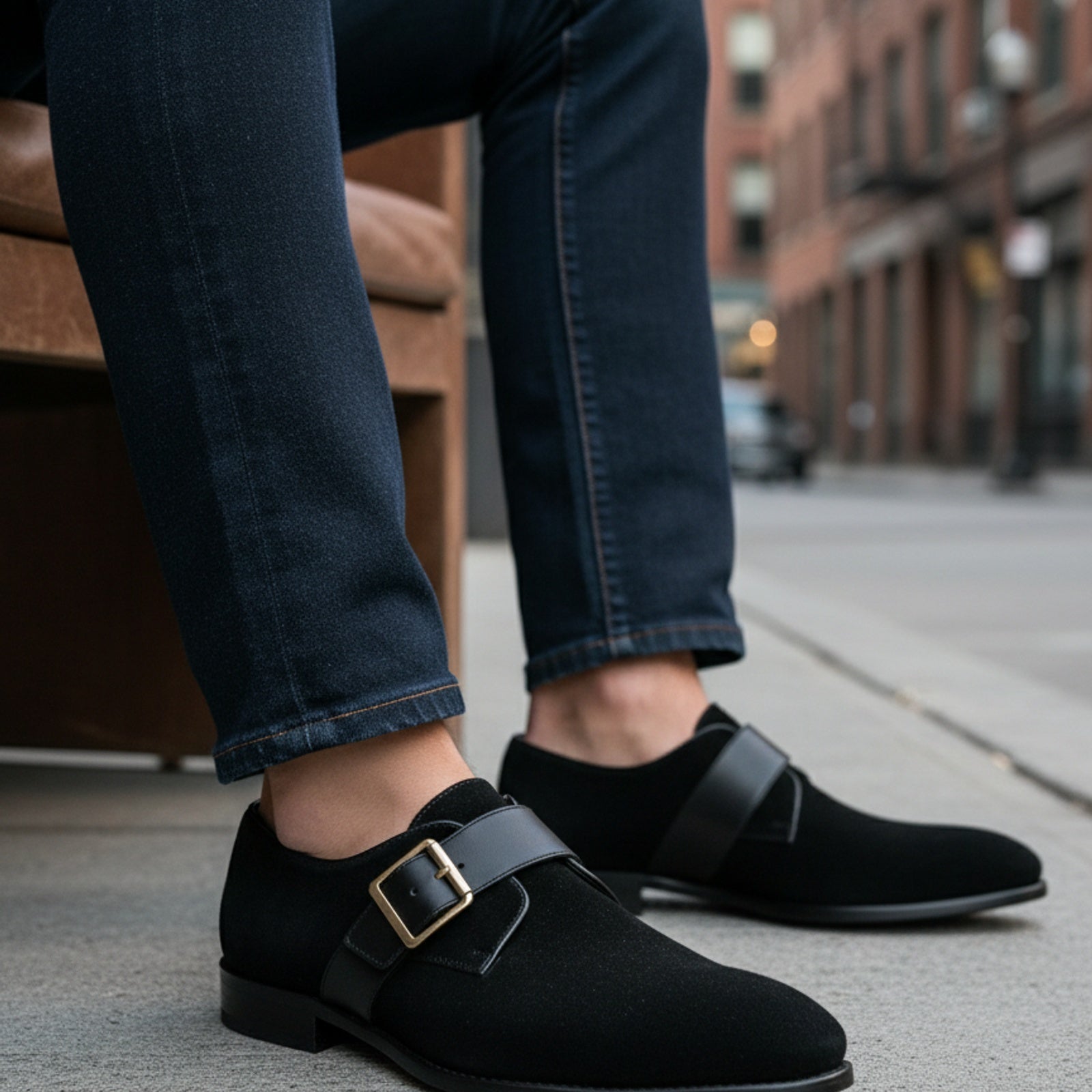 model-siting - Men's Black Suede Dress Shoes with Buckle Detail