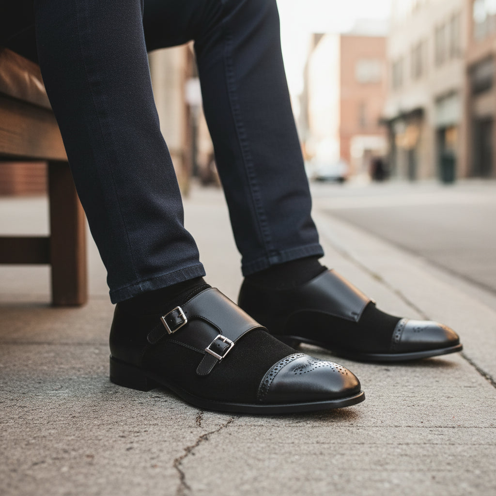 model-siting - Men's Black Suede & Leather Buckle Dress Shoes