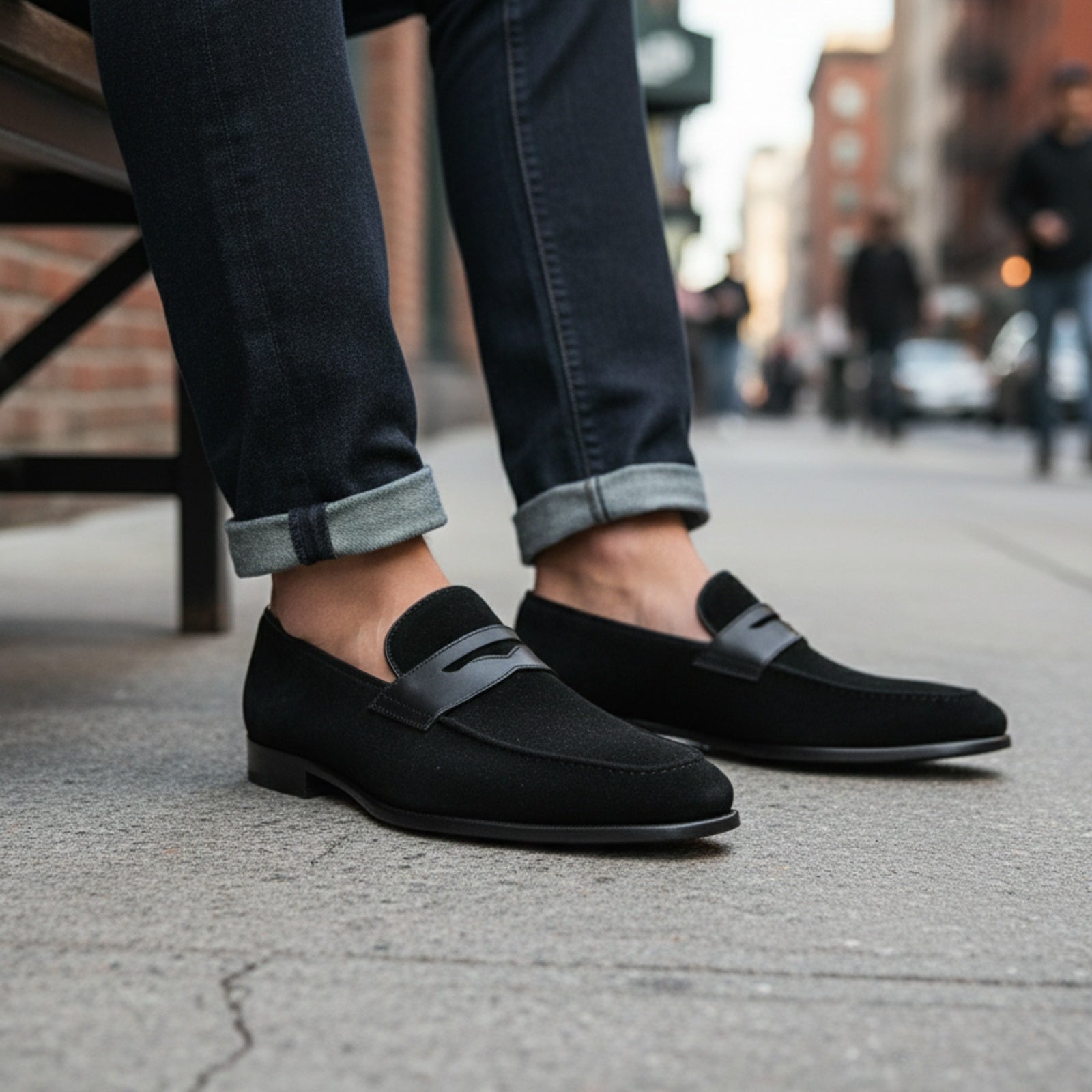 model-siting - Men's Black Suede Moccasin Shoes