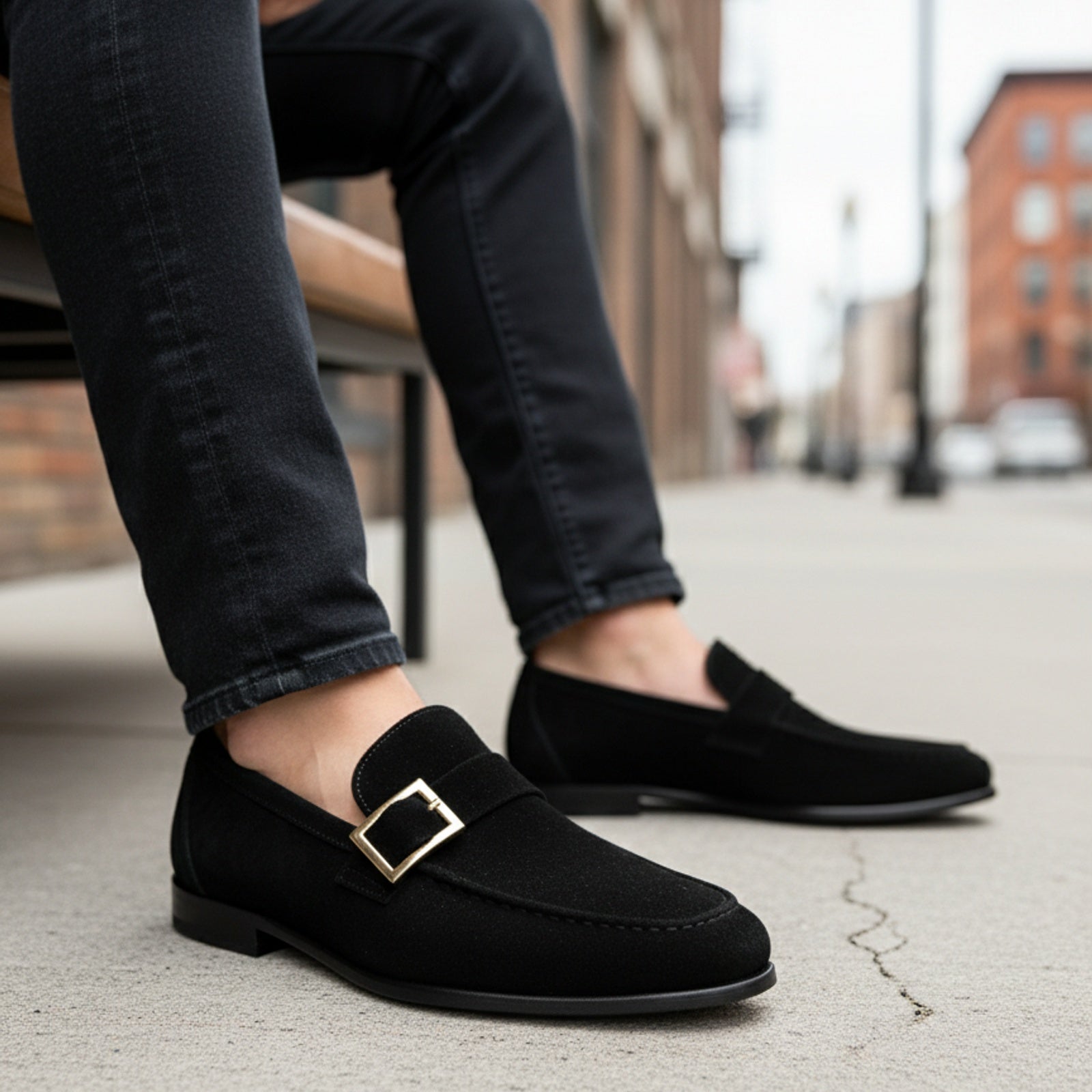 model-siting - Men's Black Suede Monk Shoes
