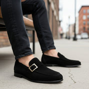 model-siting - Men's Black Suede Monk Shoes