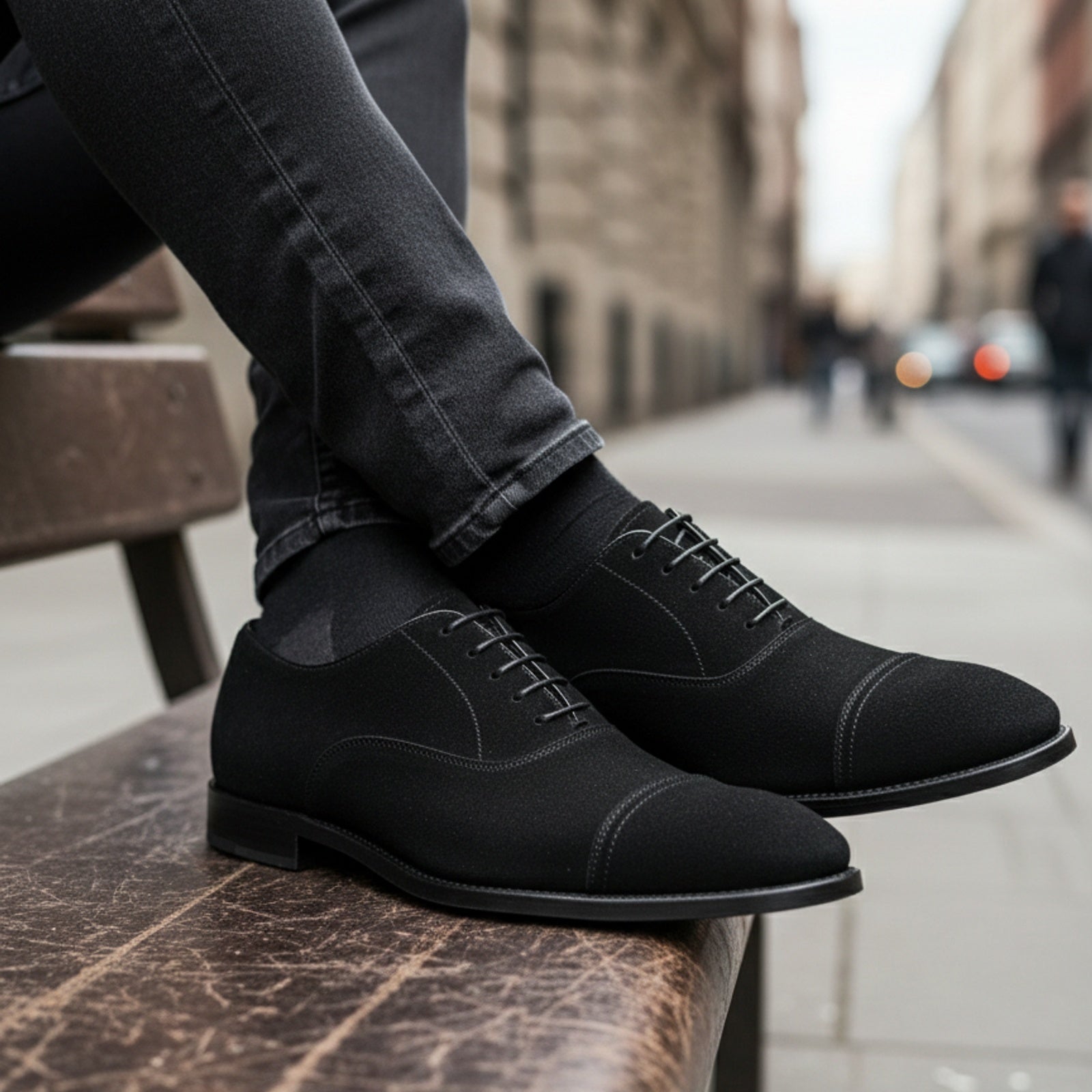 model-siting - Men's Black Suede Oxford Dress Shoes