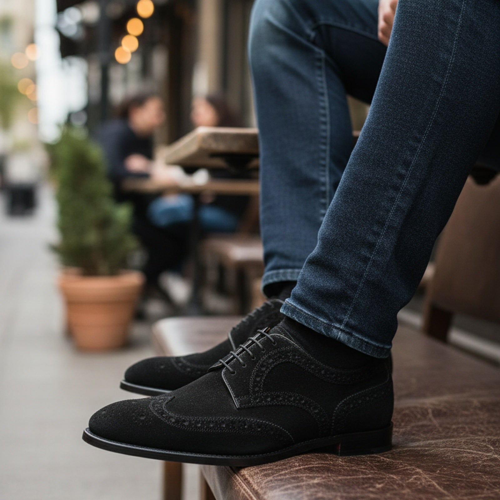 model-siting - Men's Black Suede Oxford Dress Shoes