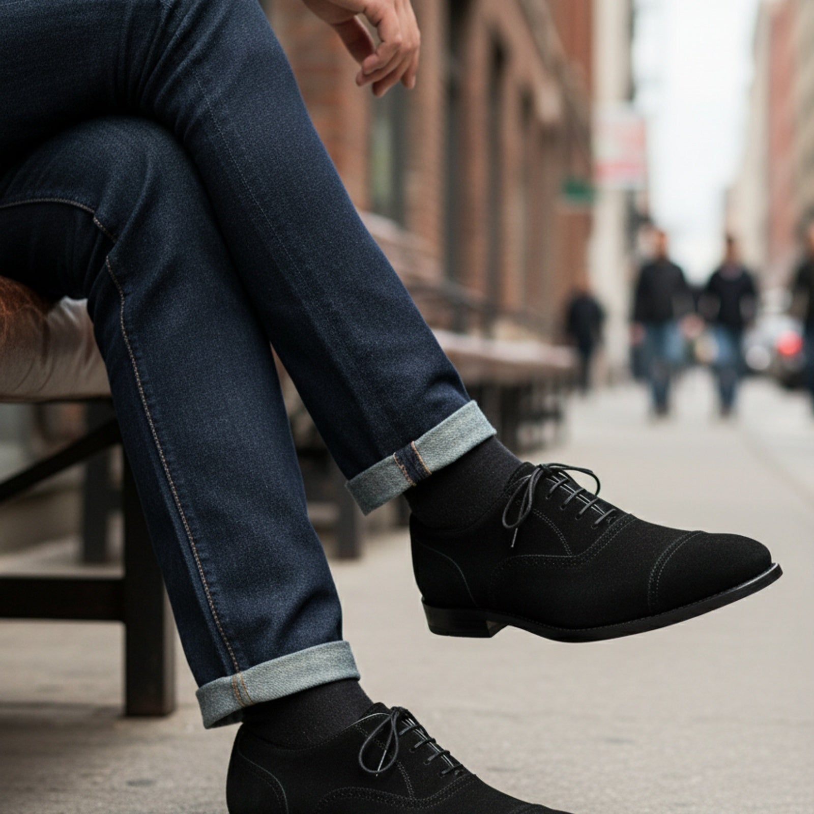 model-siting - Men's Black Suede Oxford Dress Shoes