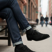 model-siting - Men's Black Suede Oxford Dress Shoes