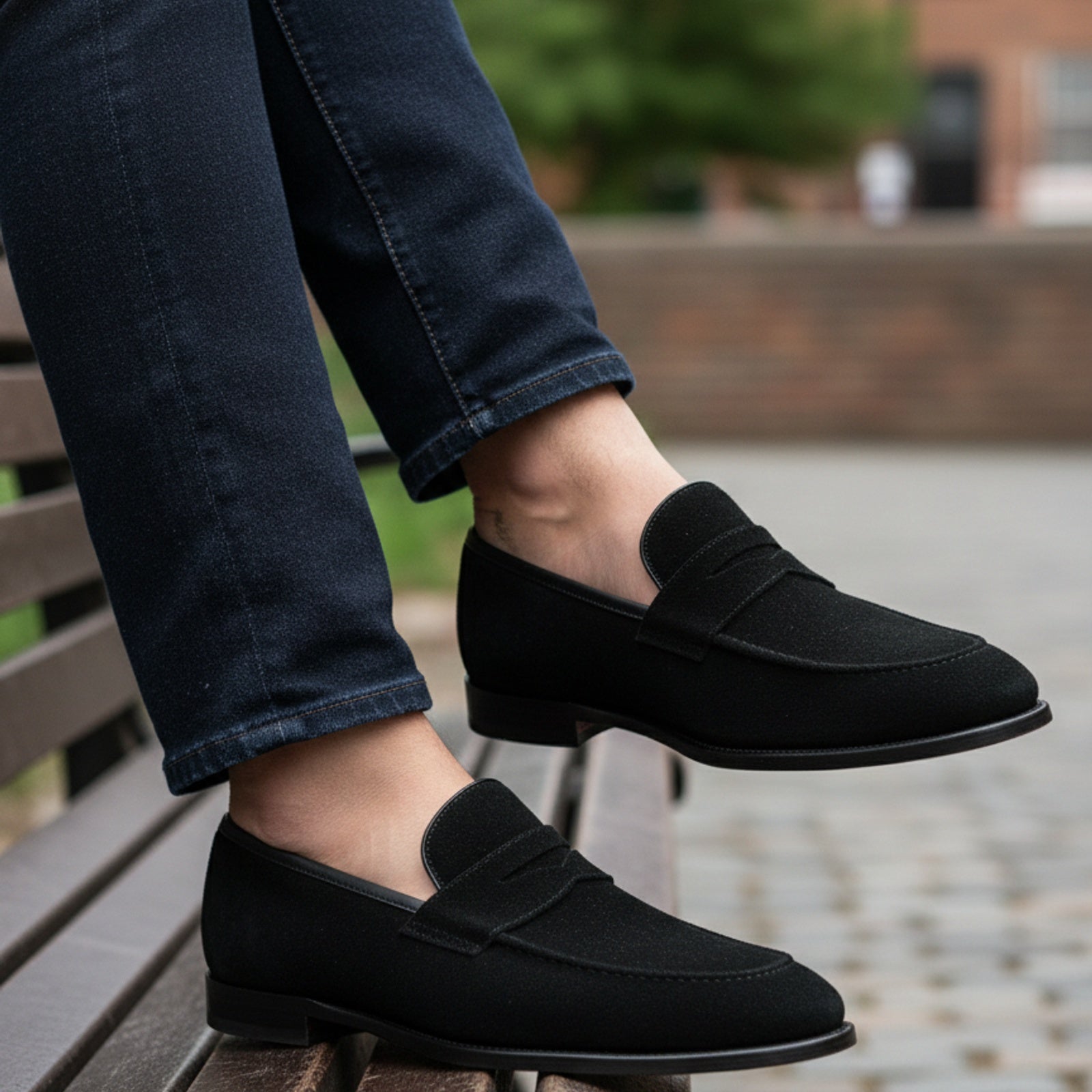 model-siting - Men's Black Suede Penny Loafer Shoes