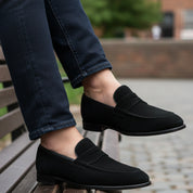 model-siting - Men's Black Suede Penny Loafer Shoes