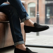 model-siting - Men's Black Suede Penny Loafers