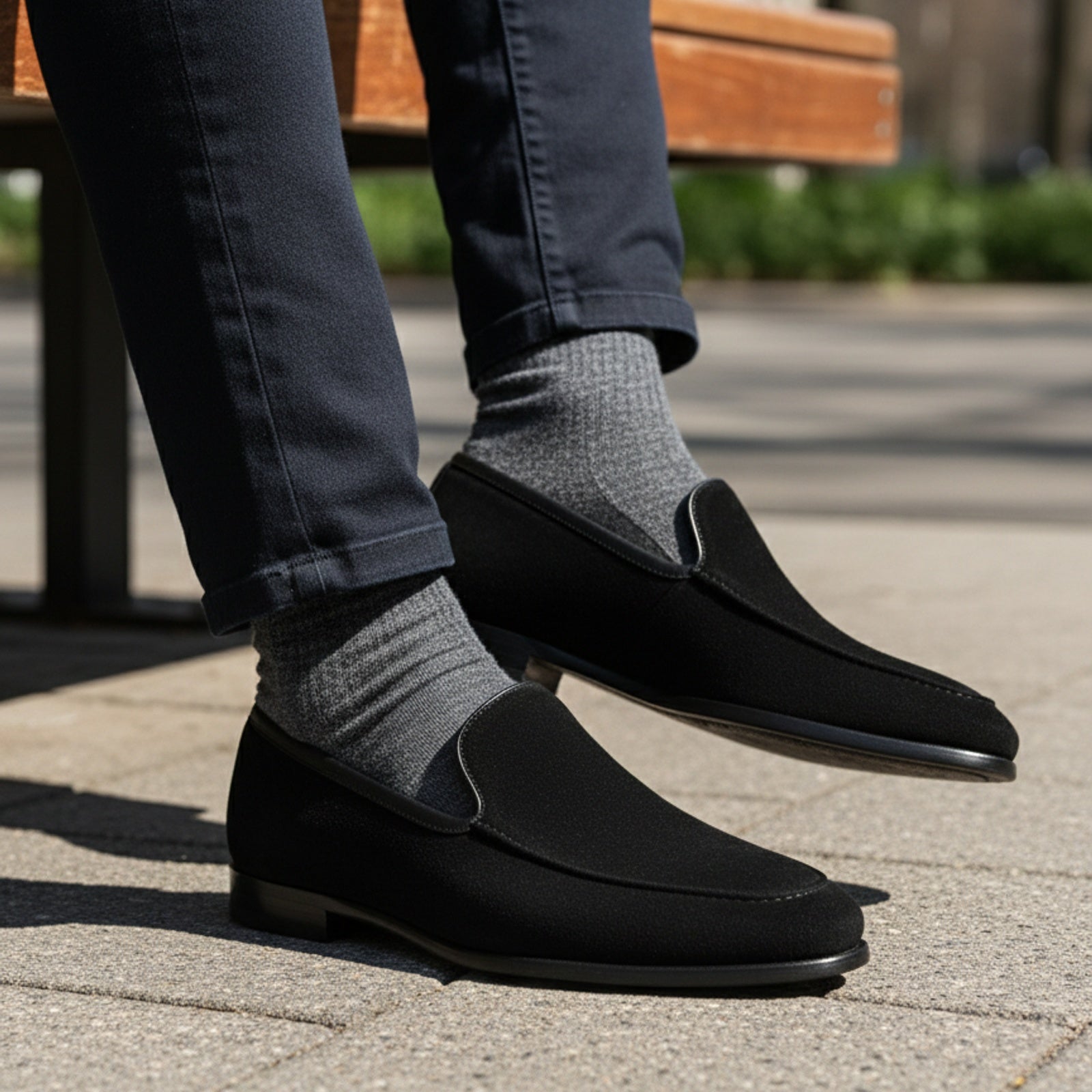 Men's Black Suede Penny Loafers - model-siting