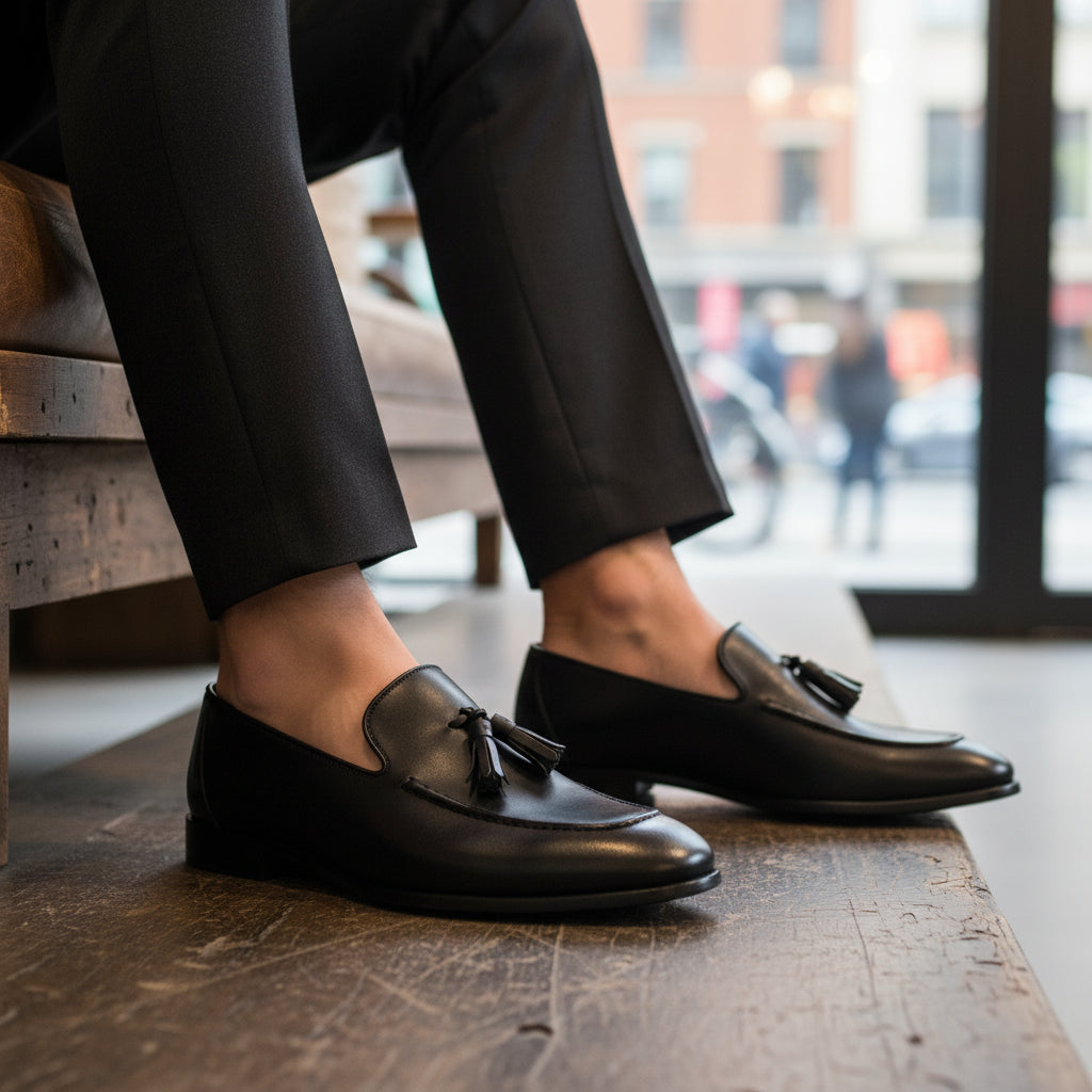 model-siting - Men's Black Tassel Leather Moccasins