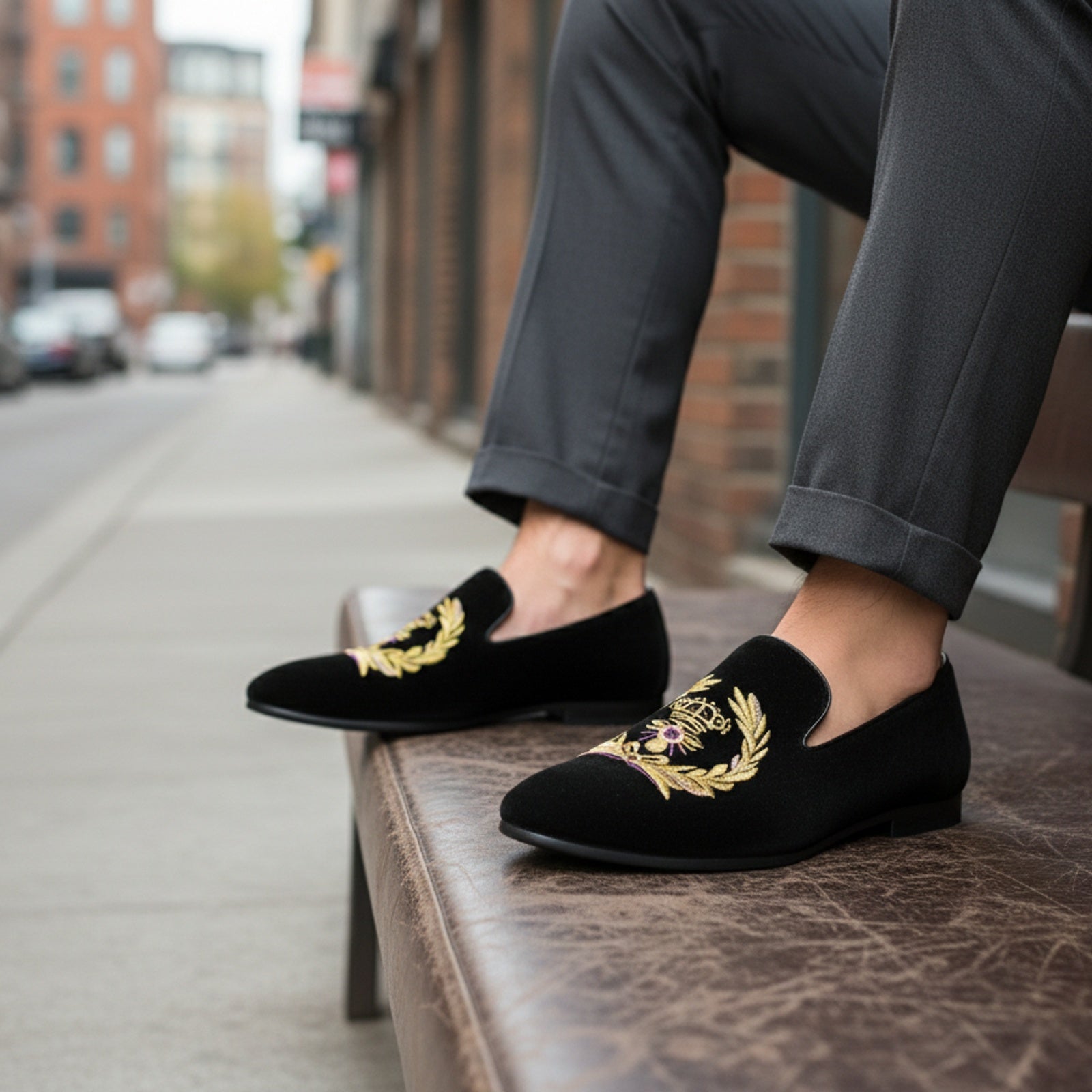 model-siting - Men's Black Velvet Embroidered Loafers