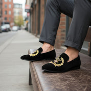 model-siting - Men's Black Velvet Embroidered Loafers