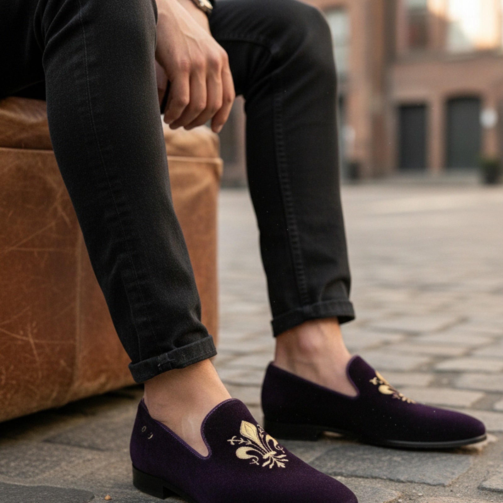 model-siting - Men's Black Velvet Loafers with Leather Details