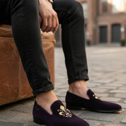 model-siting - Men's Black Velvet Loafers with Leather Details