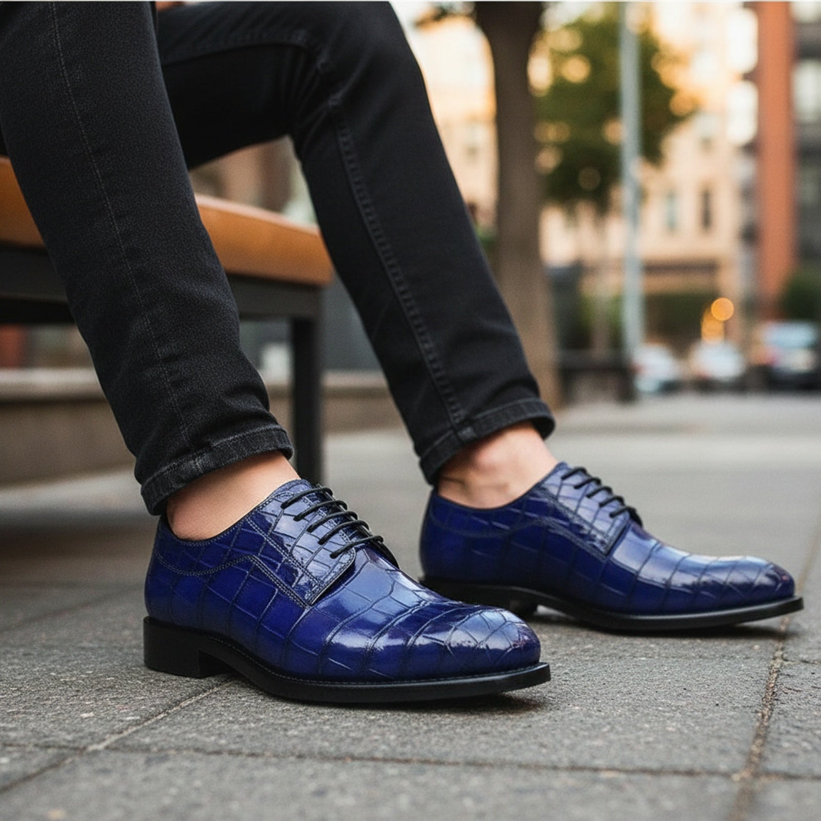 model-siting - Men's Blue Alligator Leather Shoes with Goodyear Welted Sole
