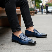 model-siting - Men's Blue Alligator Print Leather Dress Loafers