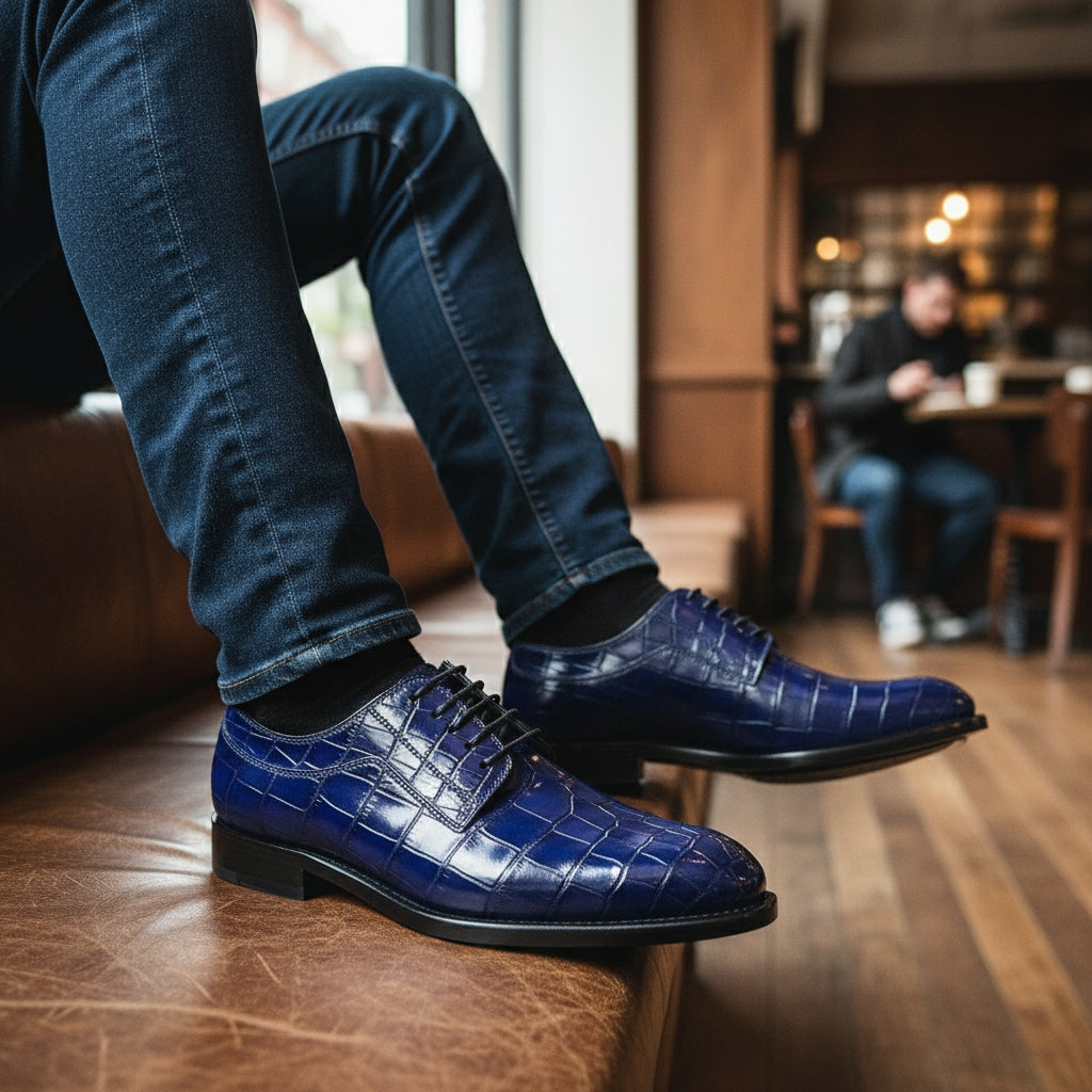 model-siting - Men's Blue Crocodile Embossed Leather Oxford Shoes