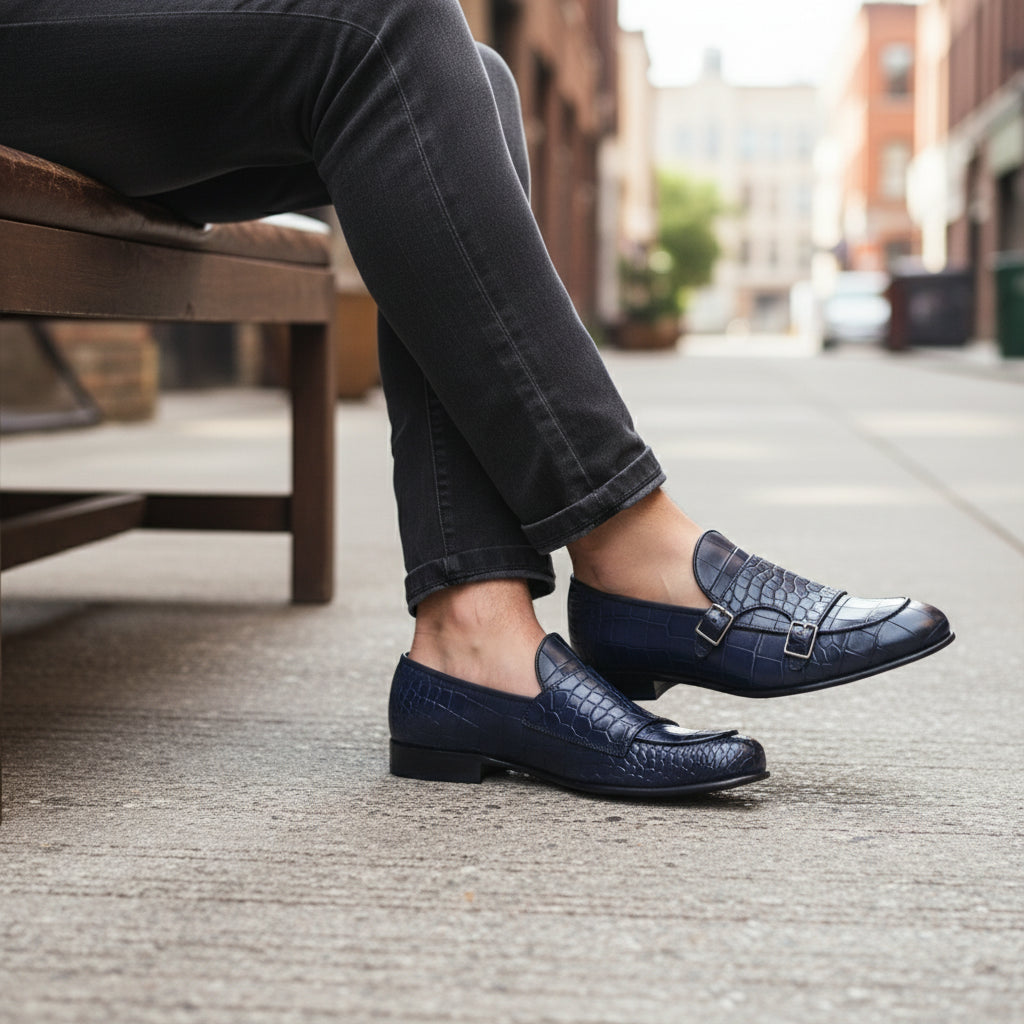 Men's Blue Crocodile Monk Strap Leather Shoes - model-siting