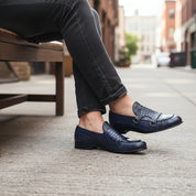 Men's Blue Crocodile Monk Strap Leather Shoes - model-siting