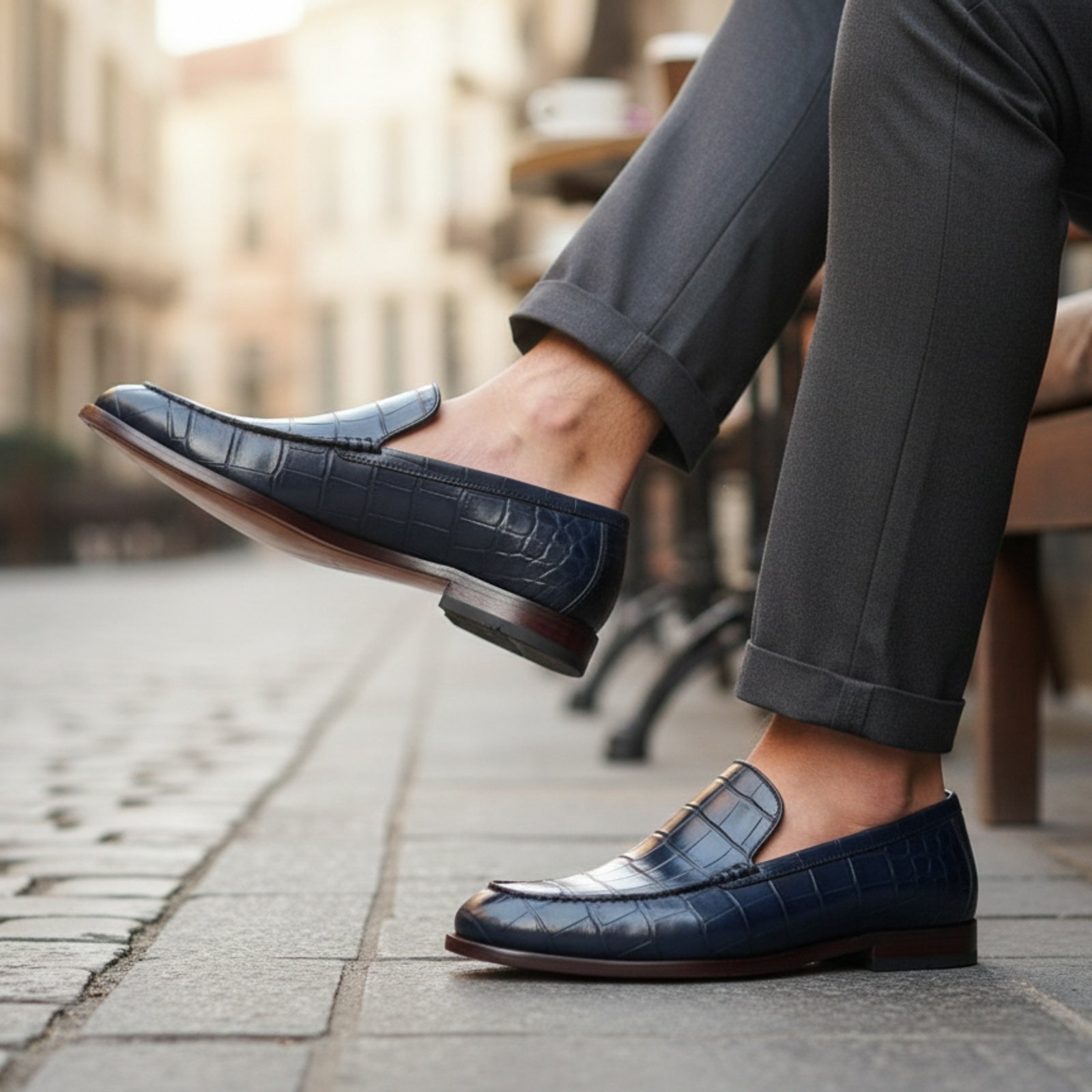 Men's Blue Crocodile Patterned Leather Dress Shoes - model-siting