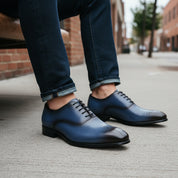 model-siting - Men's Blue Leather Brogue Dress Shoes