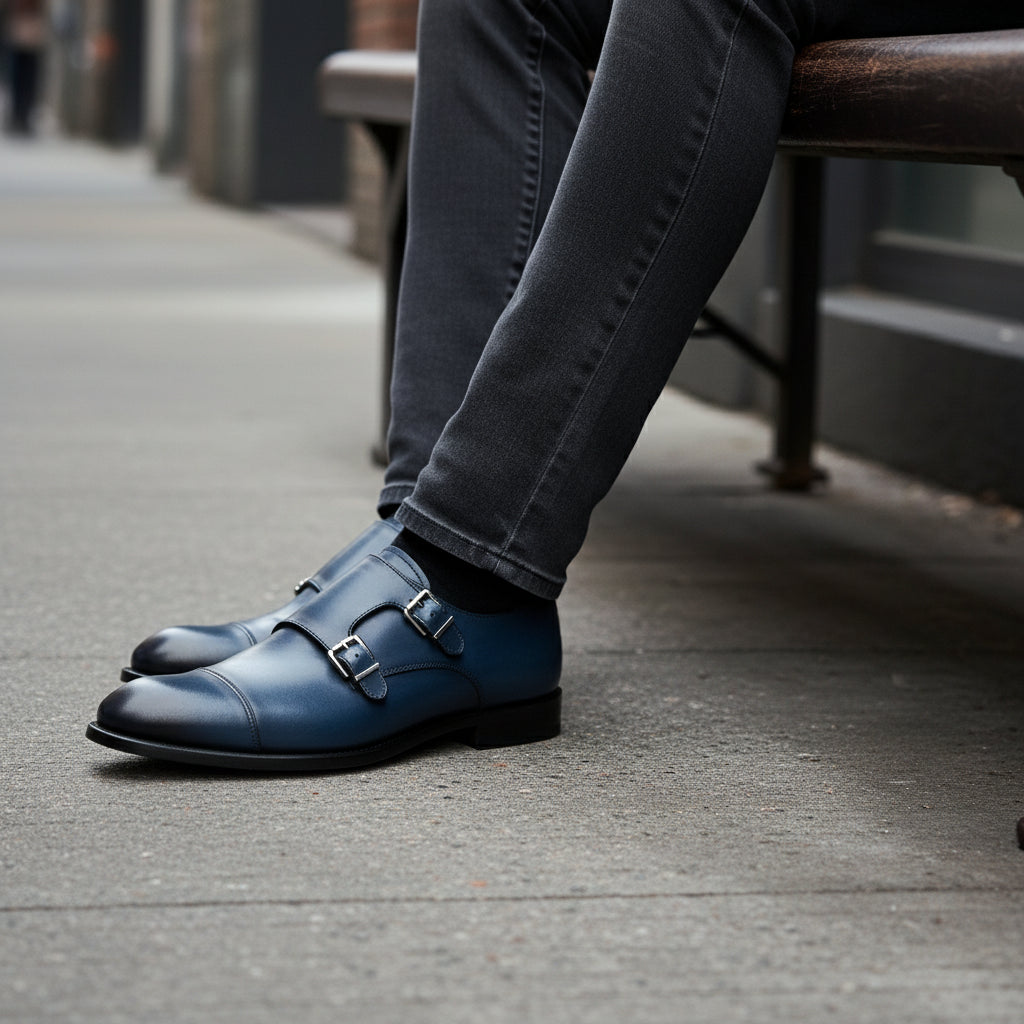 model-siting - Men's Blue Leather Double Buckle Dress Shoes