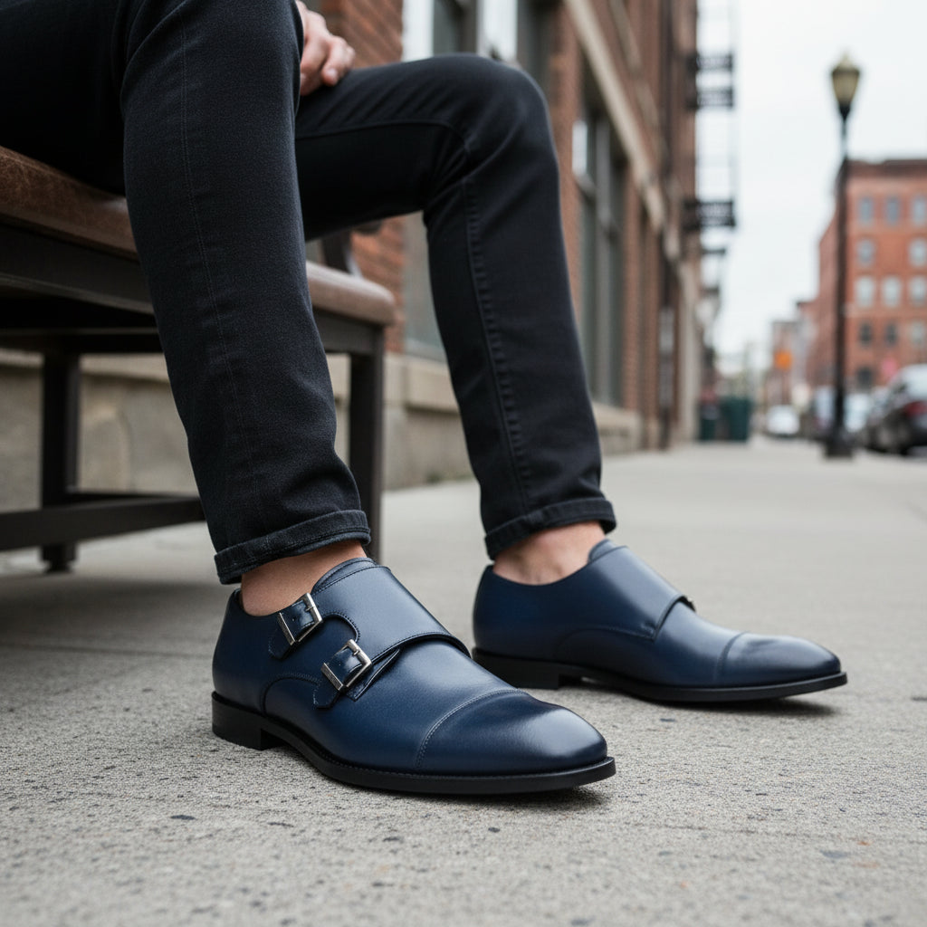model-siting - Men's Blue Leather Double Monk Strap Dress Shoes