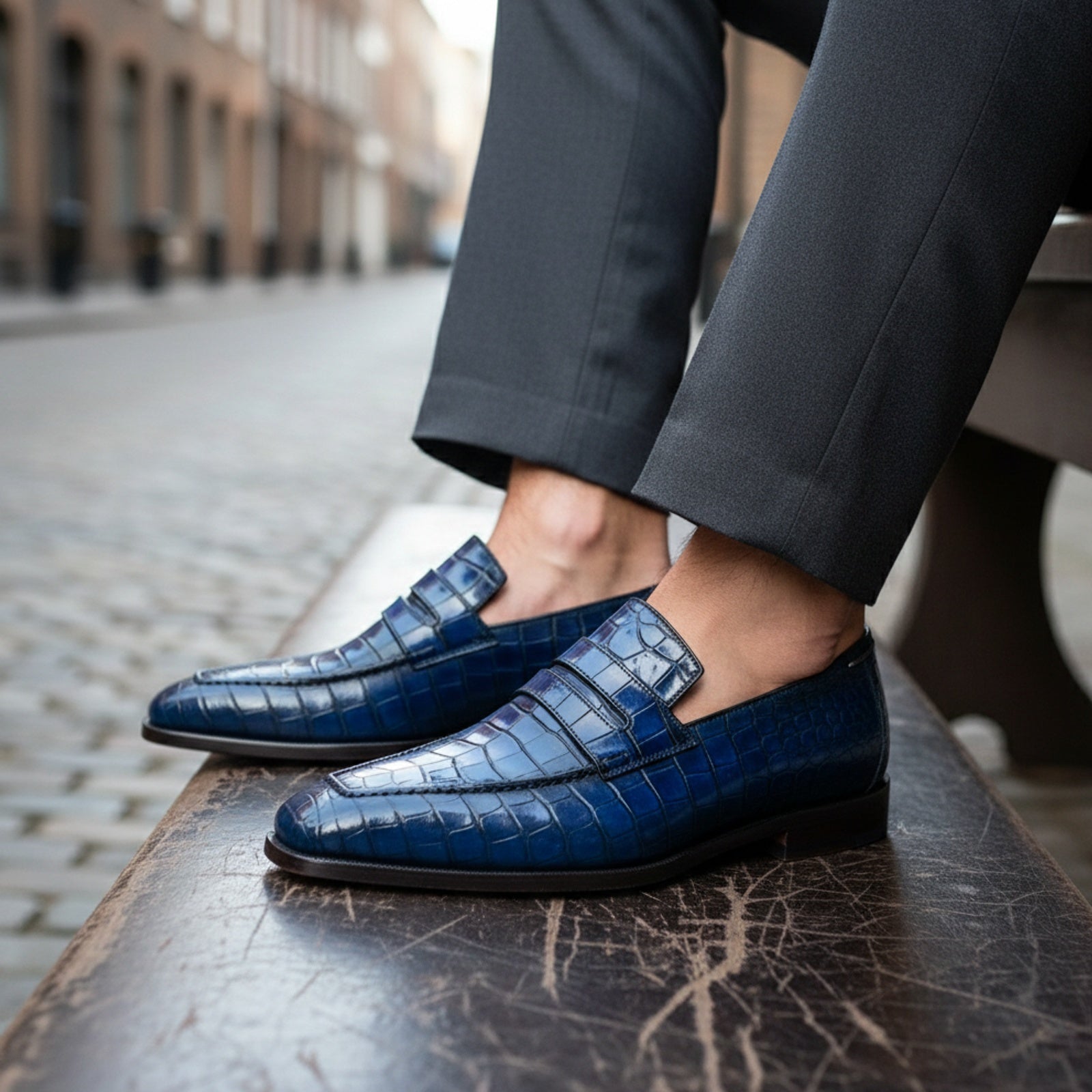 model-siting - Men's Blue Leather Moccasins with Crocodile Embossing