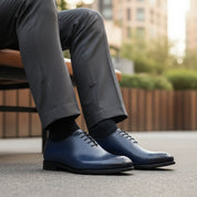 model-siting - Men's Blue Leather Oxford Brogue Shoes