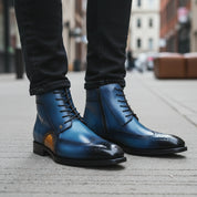 model-siting - Men's Blue Leather Wing Tip Brogue Boots