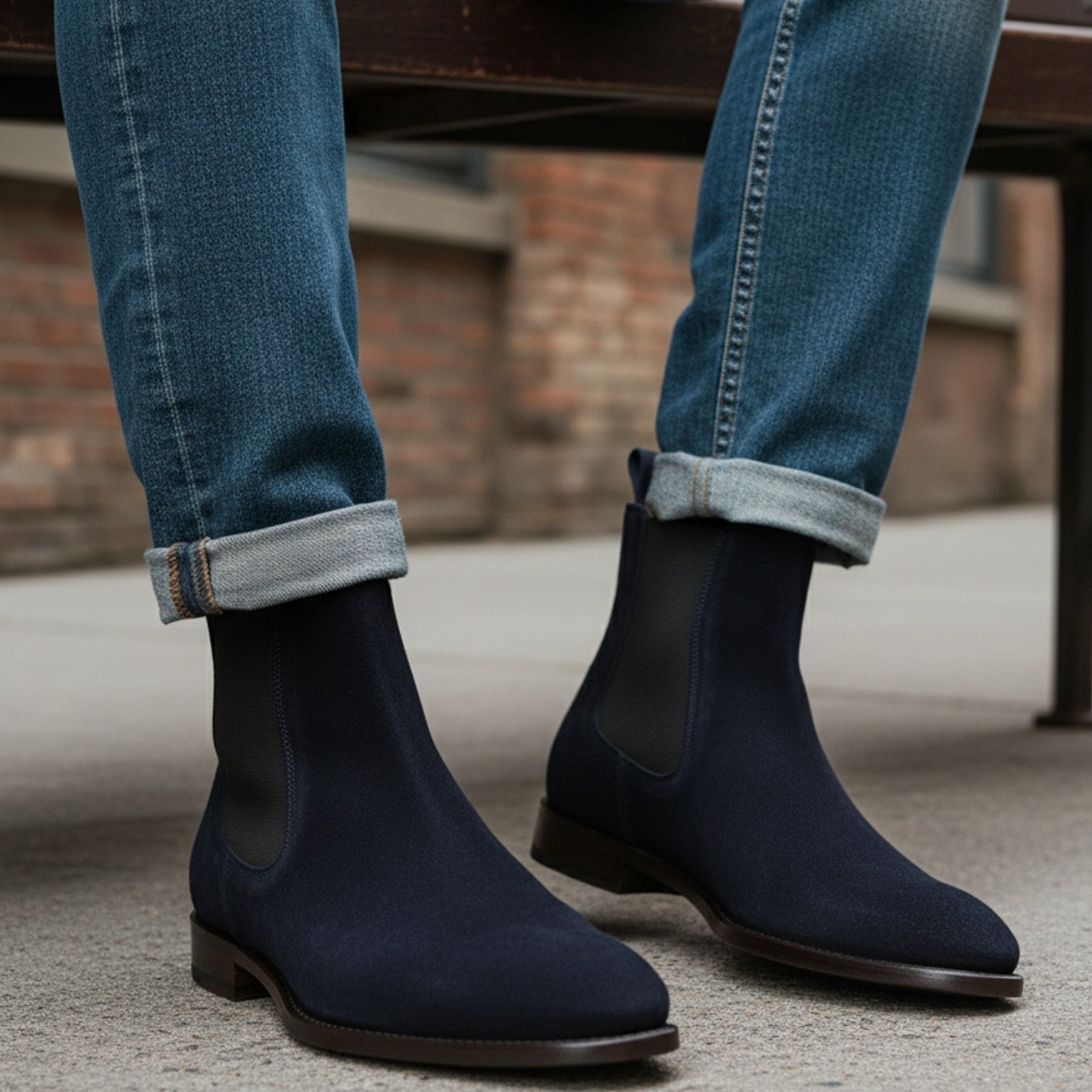 model-siting - Men's Blue Suede Chelsea Boots