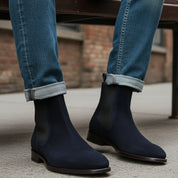 model-siting - Men's Blue Suede Chelsea Boots