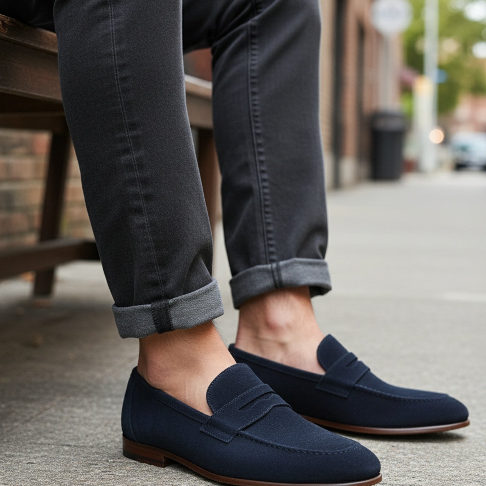 model-siting - Men's Blue Suede Leather Loafers – Slip-On Design