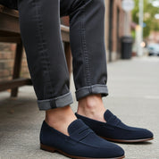 model-siting - Men's Blue Suede Leather Loafers – Slip-On Design