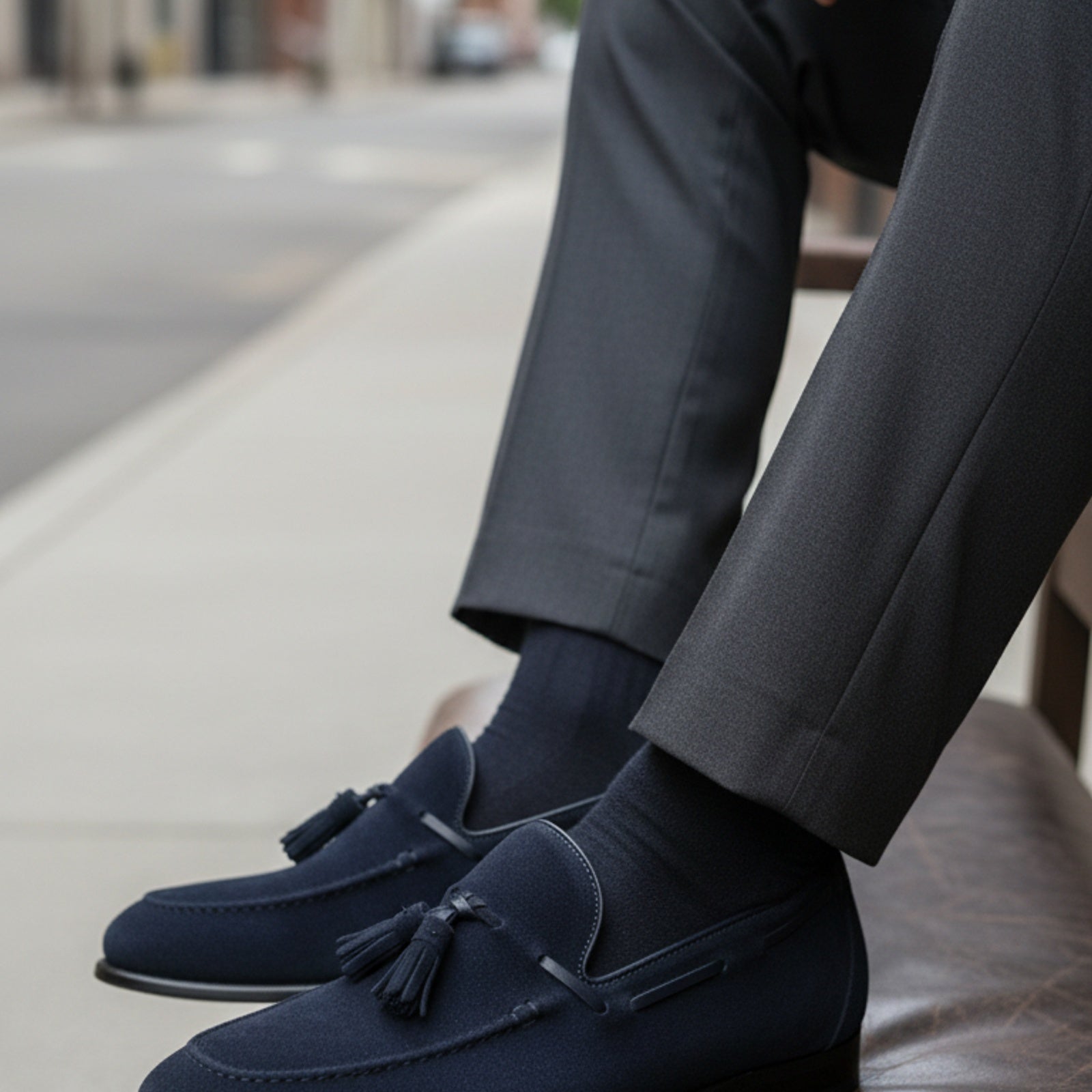 model-siting - Men's Blue Suede Moccasin Loafers with Tassels