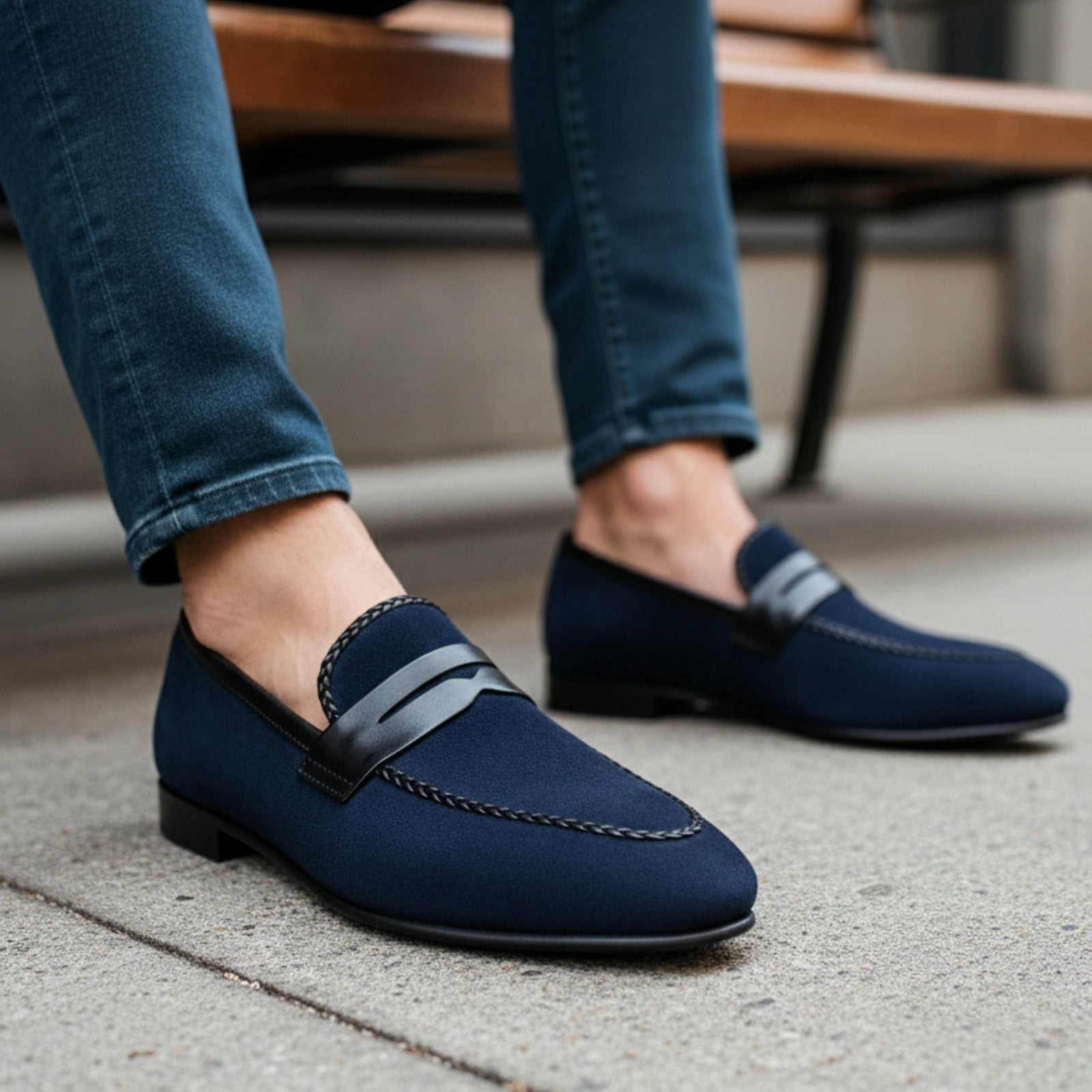 model-siting - Men's Blue Suede Moccasins with Leather Sole