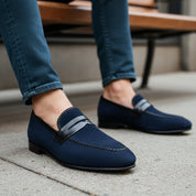 model-siting - Men's Blue Suede Moccasins with Leather Sole