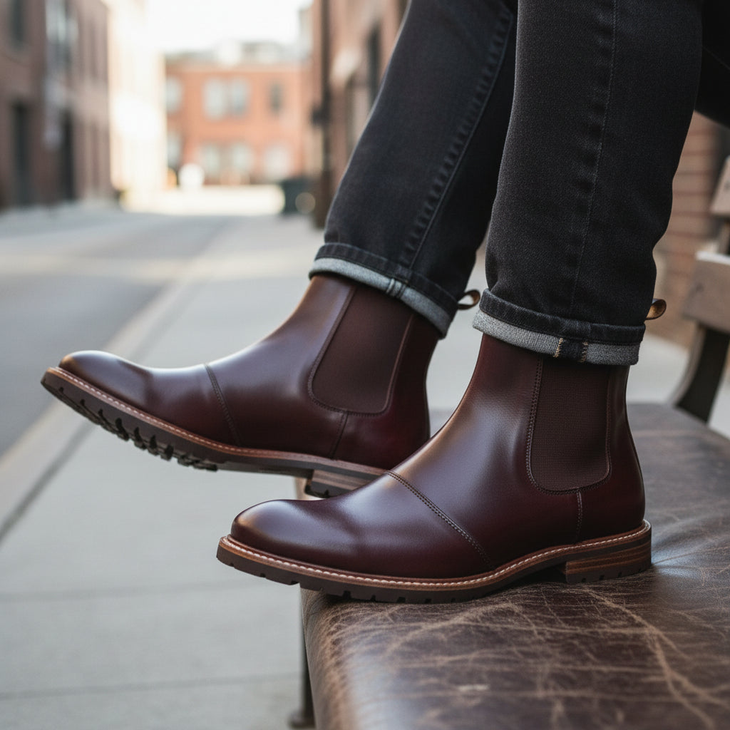 model-siting - Men's Brogue Chelsea Leather Boots