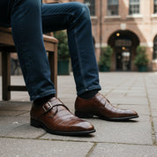 model-siting - Men's Brown Alligator Leather Monk Shoes