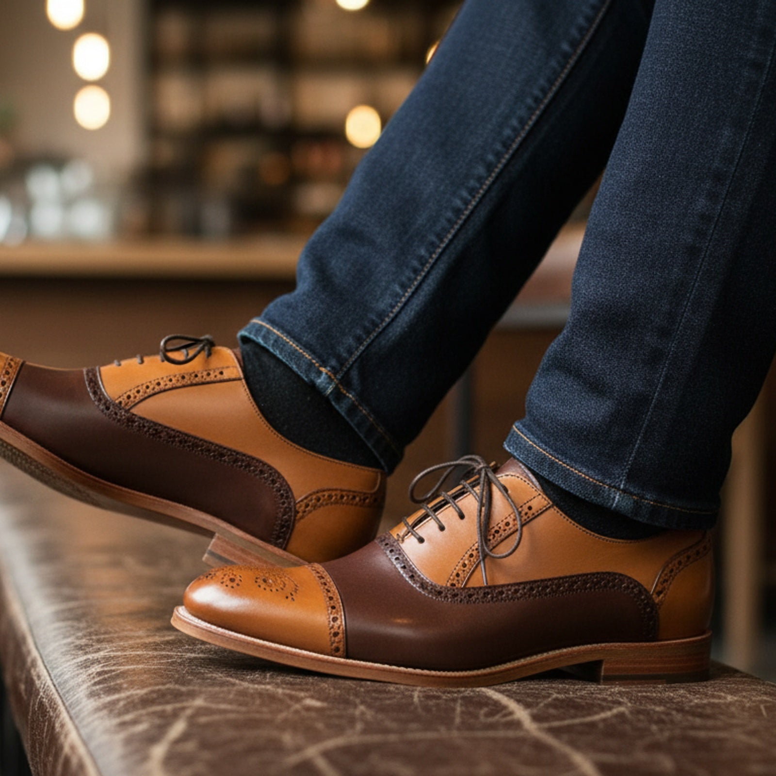 Men's Brown and Tan Leather Brogue Dress Shoes, Oxford Style - model-siting