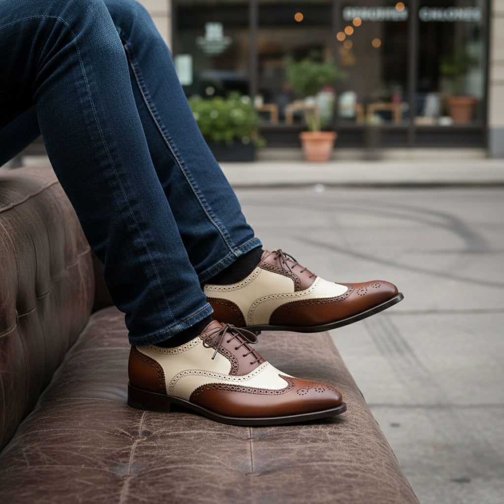 model-siting - Men's Brown and White Leather Brogue Dress Shoes