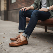 model-siting - Men's Brown Casual Loafer Suede Shoes