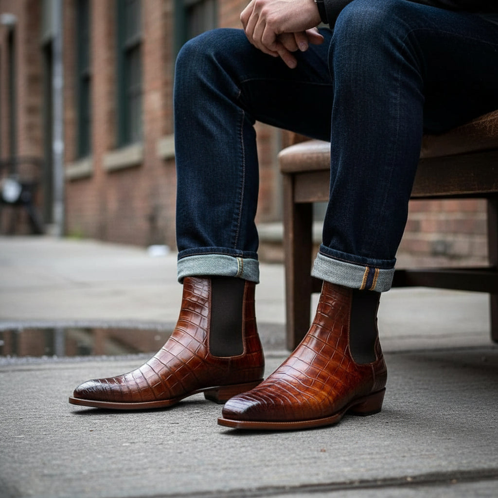 model-siting - Men's Brown Chelsea Boots in Calf Leather with Crocodile Pattern